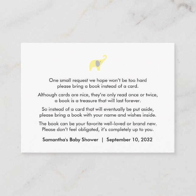 Yellow Grey Elephant Book request / books for baby Enclosure Card (Front)