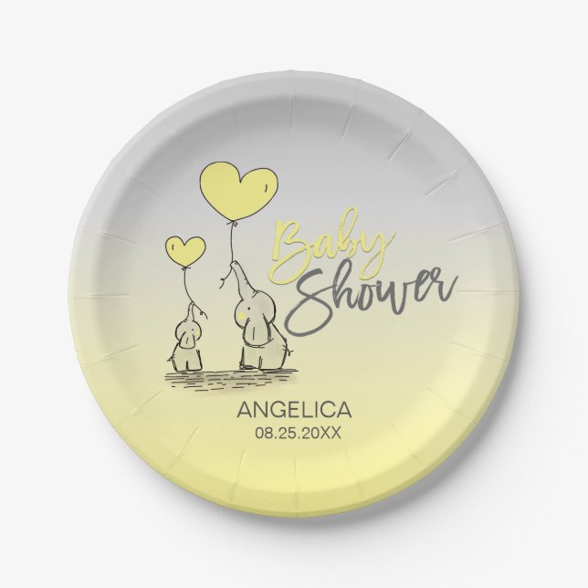 Yellow Grey Elephant Gender Neutral Baby Shower Paper Plate (Front)