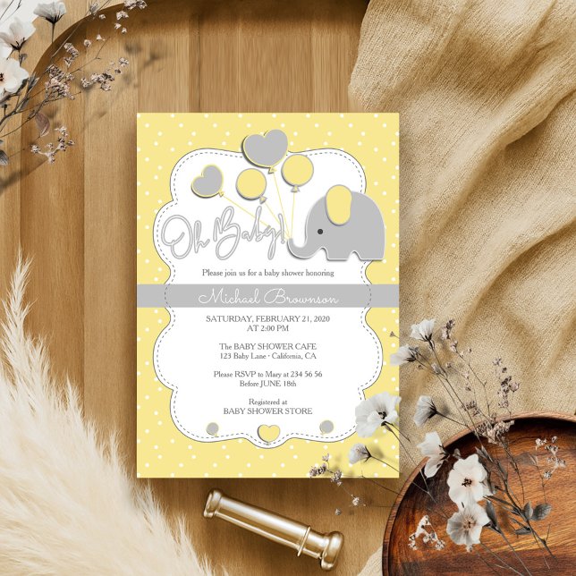 Yellow Grey Elephant Oh Baby Shower Invitation (Creator Uploaded)