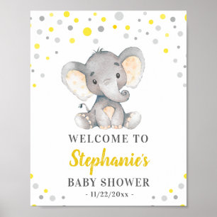 Yellow Grey Elephant Polka Dot Baby Shower Welcome Poster