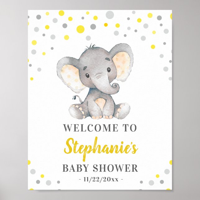 Yellow Grey Elephant Polka Dot Baby Shower Welcome Poster (Front)