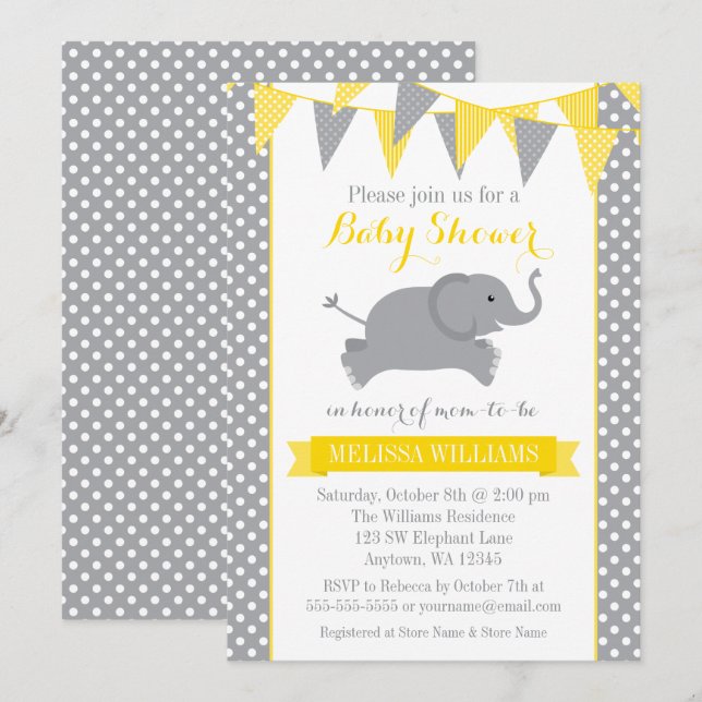 Yellow Grey Elephant Polka Dot Bunting Baby Shower Invitation (Front/Back)