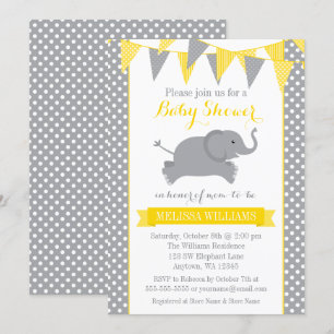 Yellow Grey Elephant Polka Dot Bunting Baby Shower Invitation