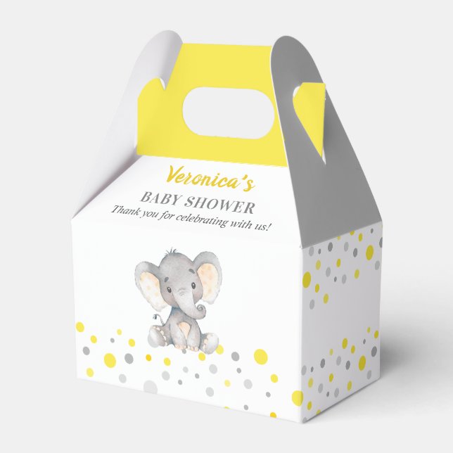 Yellow Grey Elephant Polka Dot Neutral Baby Shower Favour Box (Front Side)