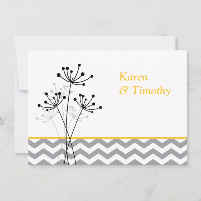 Yellow, Grey Floral, Chevron Wedding Invite (Front)