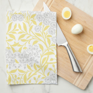 Yellow Grey Floral Damask Pattern Tea Towel