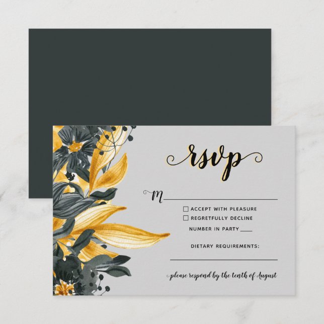 Yellow & Grey Floral Elegant Script Modern Wedding RSVP Card (Front/Back)