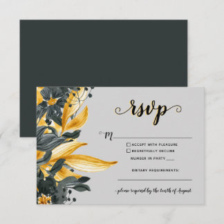 Yellow & Grey Floral Elegant Script Modern Wedding RSVP Card