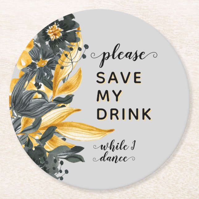 Yellow & Grey Floral Elegant Wedding Drink Saver Round Paper Coaster (Front)