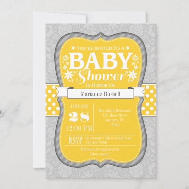 Yellow Grey Floral Flower Baby Shower Invitation (Front)