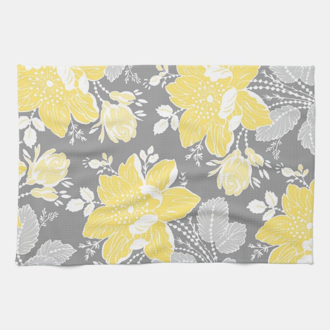 Yellow Grey Floral Kitchen Cloth Towel (Horizontal)