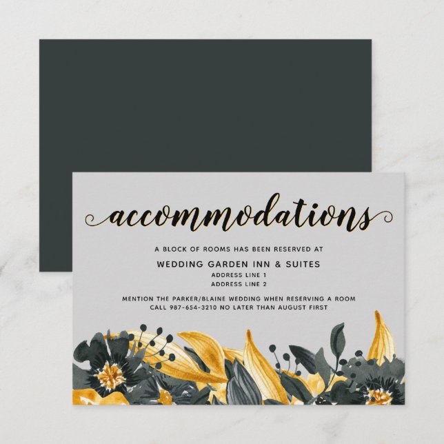 Yellow & Grey Floral Modern Elegant Wedding Hotel RSVP Card (Front/Back)