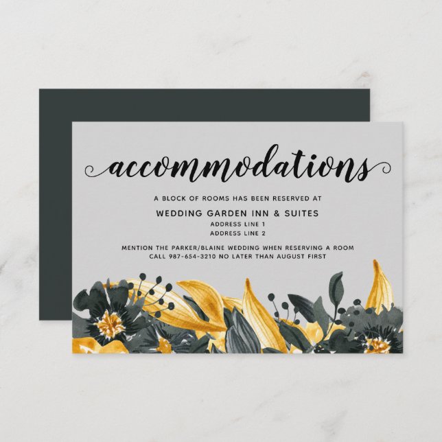 Yellow & Grey Floral Modern Elegant Wedding Hotel RSVP Card (Front/Back)