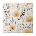 Yellow grey floral pattern tile<br><div class="desc">A soft,  light beige,  linen colour as background.  Decorated with blue flowers and grey foliage.</div>