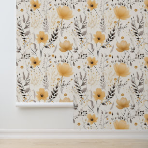 Yellow grey floral pattern wallpaper