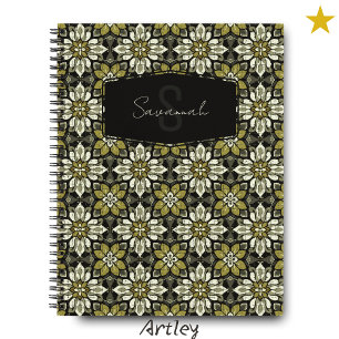 Yellow Grey Floral Spanish Tile Name Monogram Notebook
