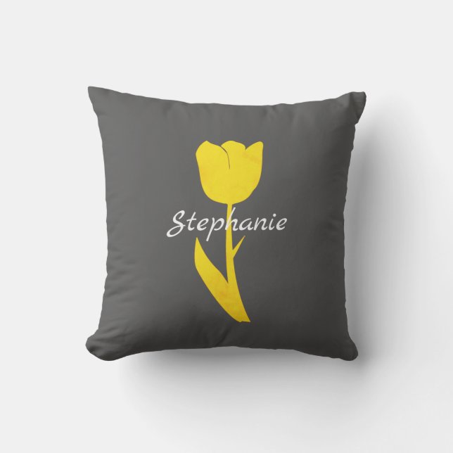 Yellow Grey Floral Tulips Patterns Monograms Cushion (Front)