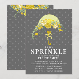 Yellow Grey Floral Umbrella Neutral Baby Shower  Invitation