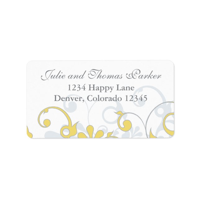 Yellow Grey Floral Wedding Return Address Label (Front)