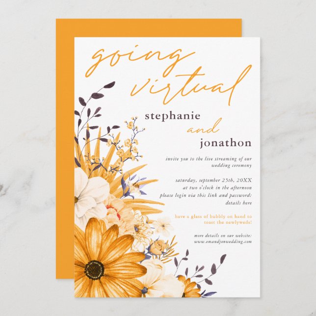 Yellow Grey Florals Watercolor Virtual Wedding Invitation (Front/Back)
