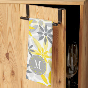 Yellow Grey Flower Graphic Monogram Tea Towel