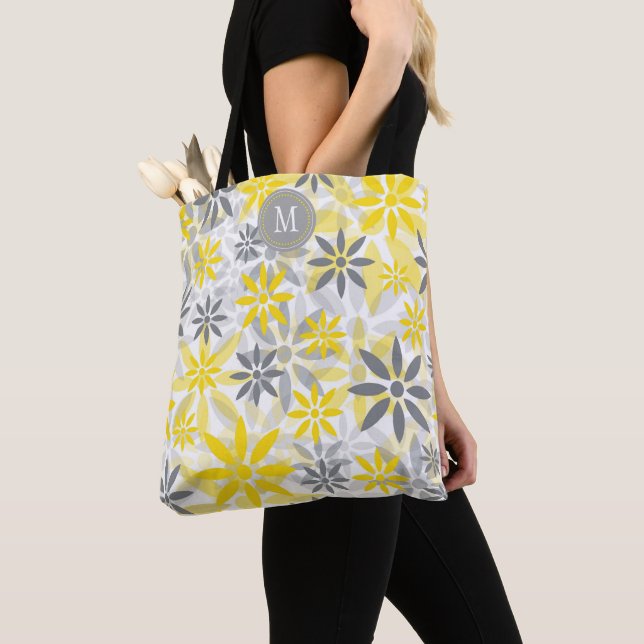 Yellow Grey Flower Graphic Monogram Tote Bag (Close Up)
