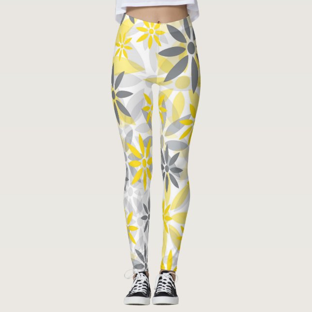 Yellow Grey  Flower Graphic Pattern Leggings (Front)