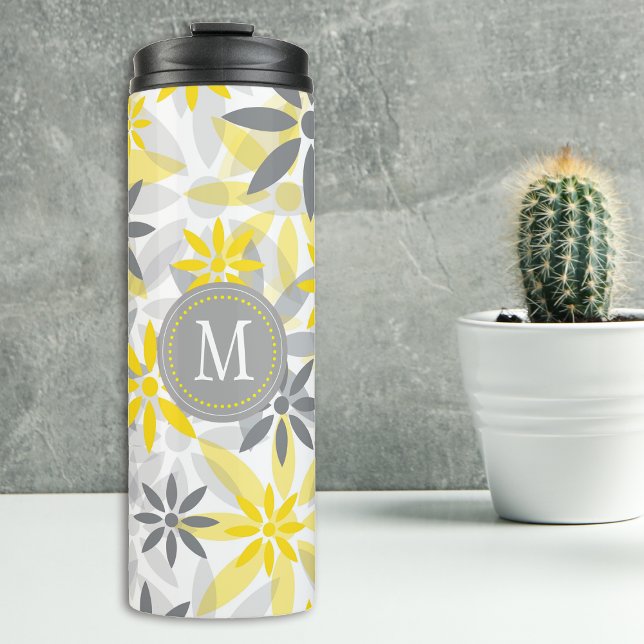 Yellow Grey Flower Pattern Monogram Thermal Tumbler (Creator Uploaded)