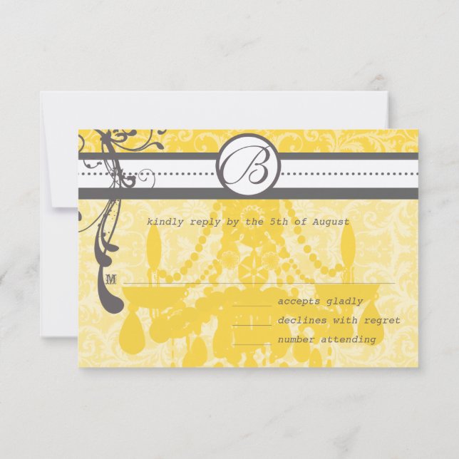 Yellow & Grey Funky Swirls Wedding RSVP (Back)