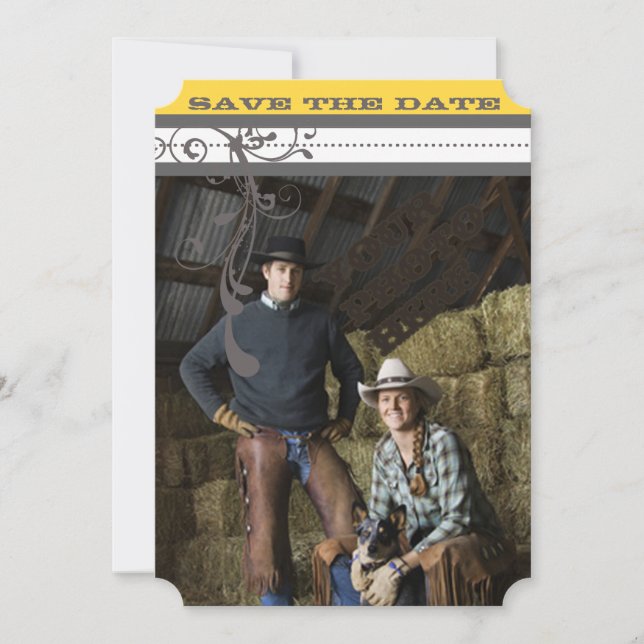 Yellow & Grey Funky Swirls Wedding Save the Date (Front)