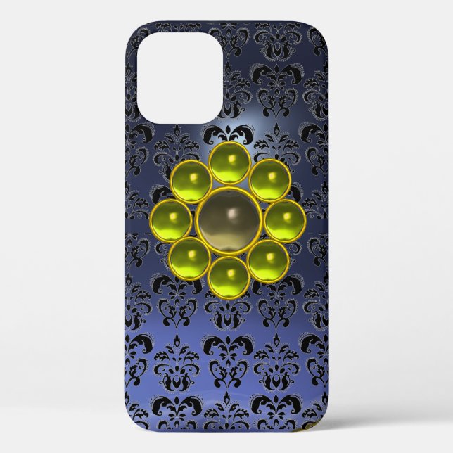 YELLOW GREY GEMSTONE MON Blue Black Damask Case-Mate iPhone Case (Back)