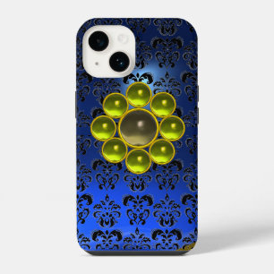 YELLOW GREY GEMSTONE MON Bright Blue Black Damask iPhone 14 Case