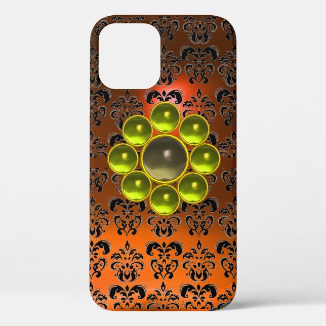 YELLOW GREY GEMSTONE MON Orange Black Damask Case-Mate iPhone Case (Back)