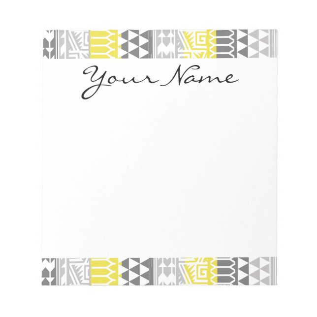 Yellow Grey Geometric Aztec Tribal Print Pattern Notepad (Front)