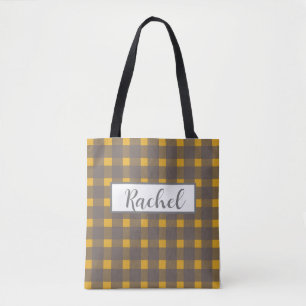 Yellow Grey Gingham Personalised Tote Bag