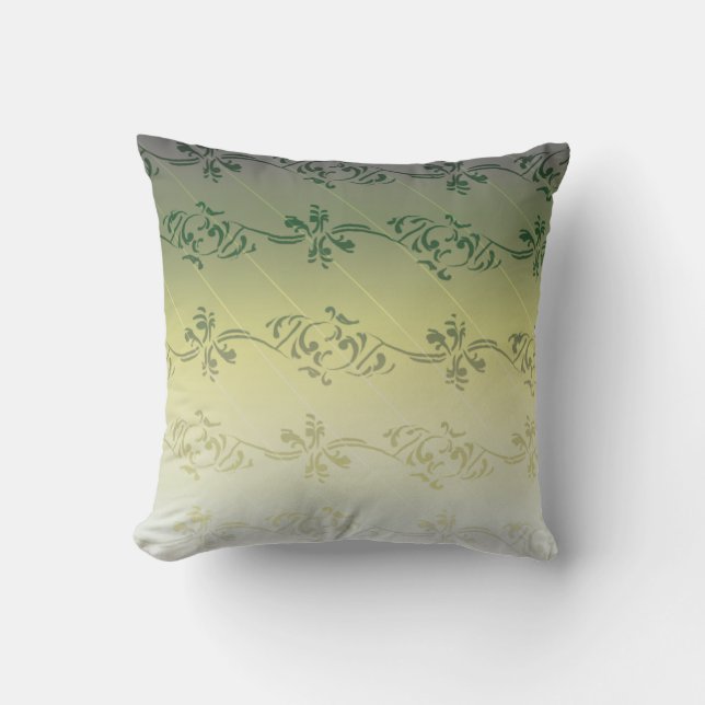 Yellow Grey Gradient Striped Floral Leaf Pattern Cushion (Front)