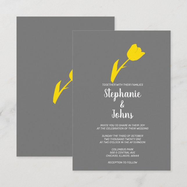 Yellow Grey Grey Floral Spring Summer Wedding Invitation (Front/Back)
