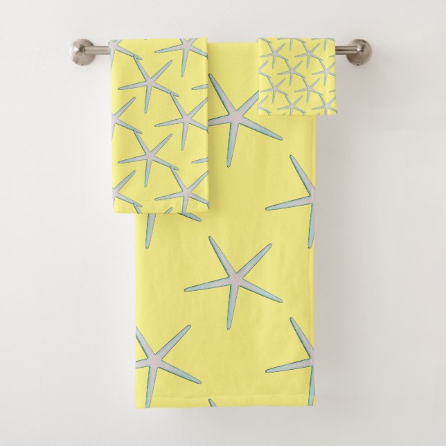 Yellow Grey Grey Teal Starfish Patterns Cute Bath Towel Set (Insitu)