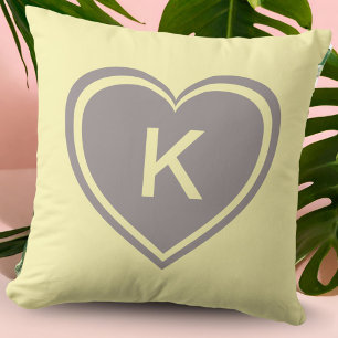 Yellow Grey Heart Monogram Valentine`s Day Cushion