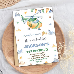 Yellow Grey Helicopter Birthday Invitations