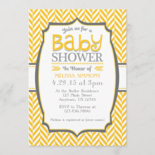 Yellow Grey Herringbone Baby Shower Invitations