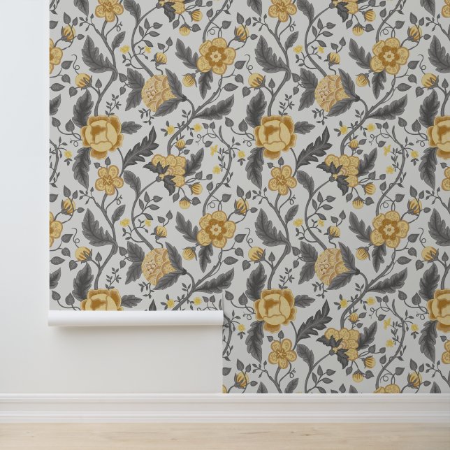 Yellow & Grey Jacobean  Floral Pattern Wallpaper (Application)