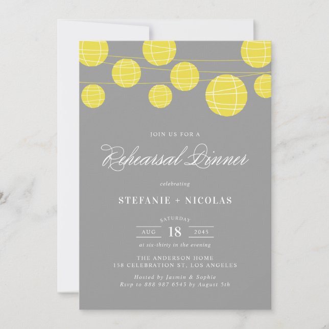 YELLOW & GREY LANTERNS REHEARSAL DINNER INVITATION (Front)
