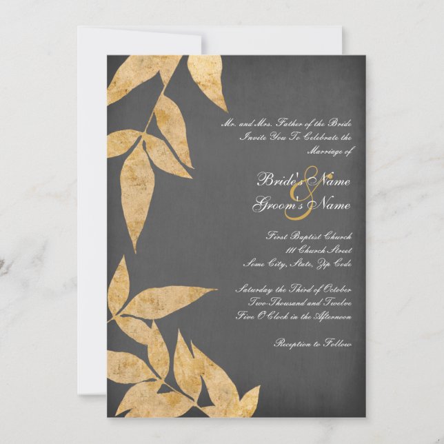 Yellow & Grey Leaves Vintage Wedding Invitations (Front)