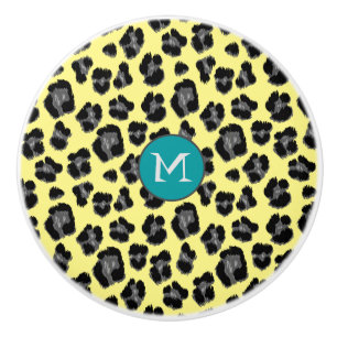 Yellow Grey Leopard Print Monogram Ceramic Knob