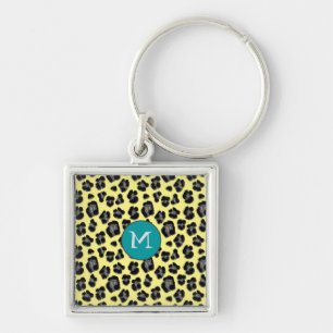 Yellow Grey Leopard Print Monogram Key Ring