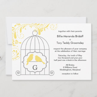 Yellow Grey Love Birdcage Wedding Monogram Invitation