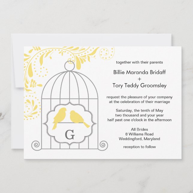 Yellow Grey Love Birdcage Wedding Monogram Invitation (Front)