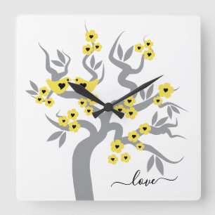 Yellow , grey Love birds cherry tree & blossoms Square Wall Clock