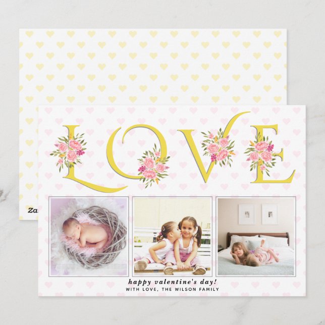 Yellow, grey LOVE typography photo Valentines Day Holiday Card (Front/Back)